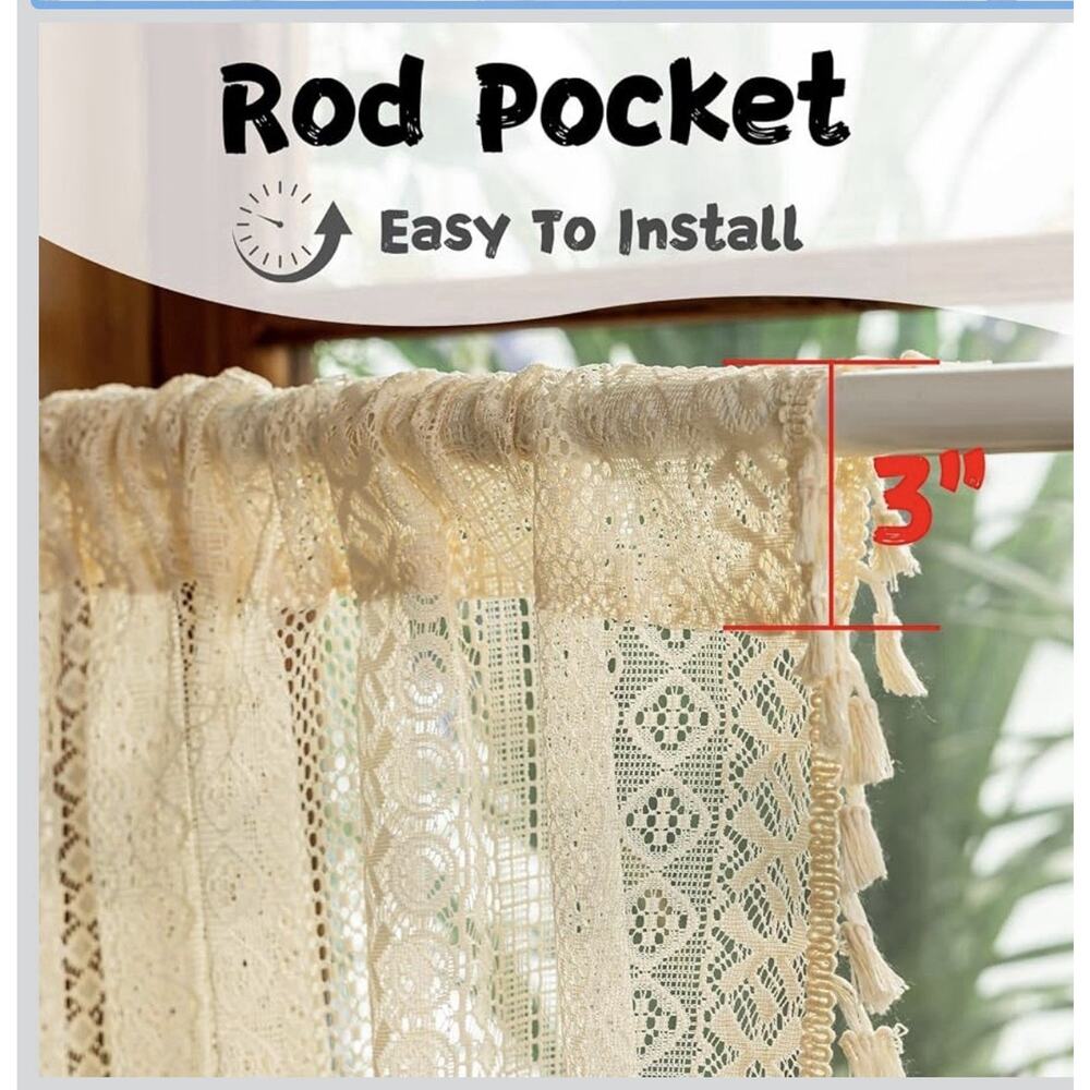 2 Panels Boho Lace Short Kitchen Curtains 50X36 Cafe Laundry Room, Beige New - Picture 3 of 4